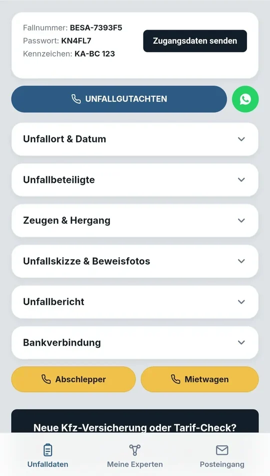 Übersicht der digitalen Unfallakte mit Fallnummer und den Abschnitten zum Unfall